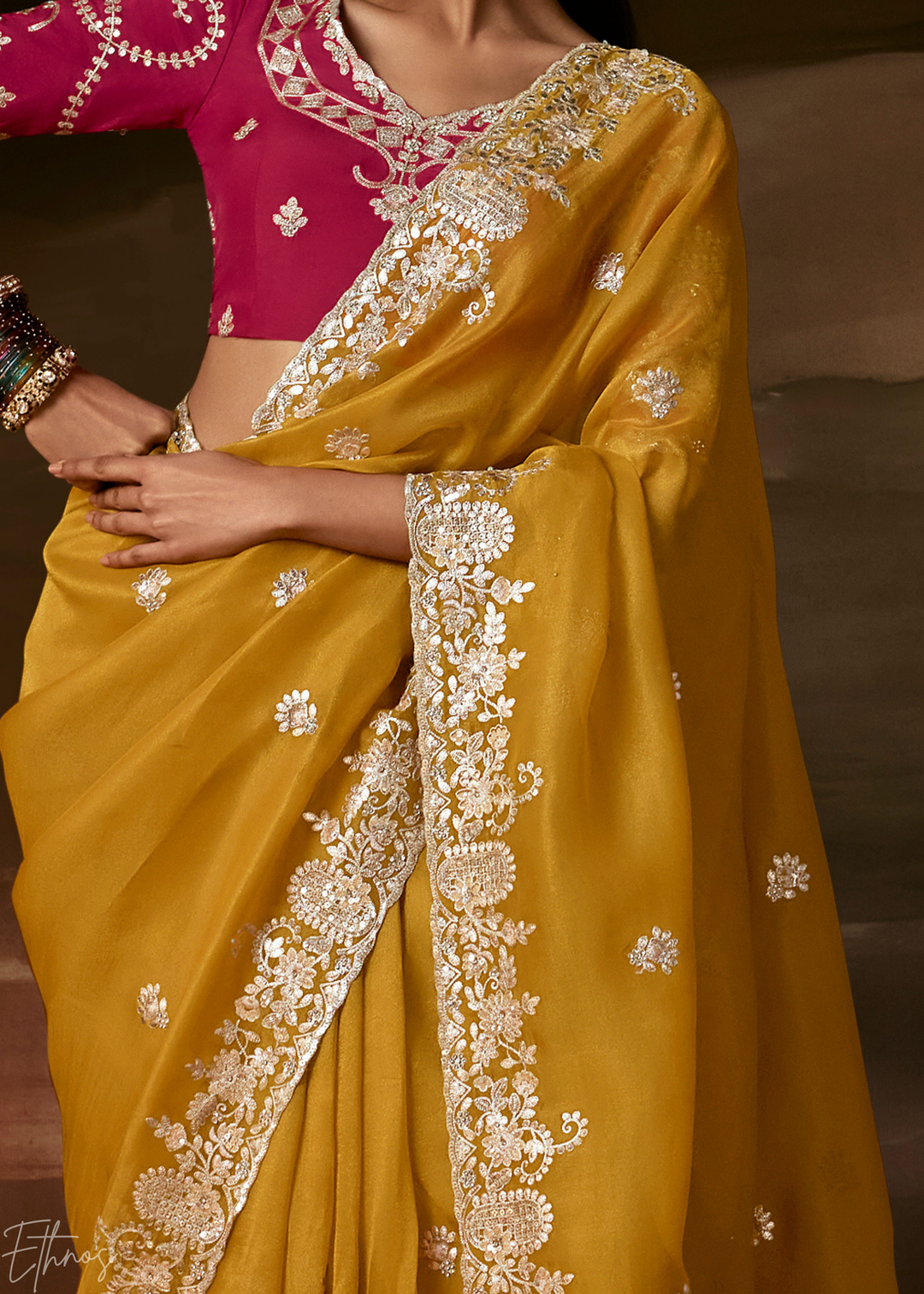 Ochre Gold Cutwork Scallop Border Organza Saree