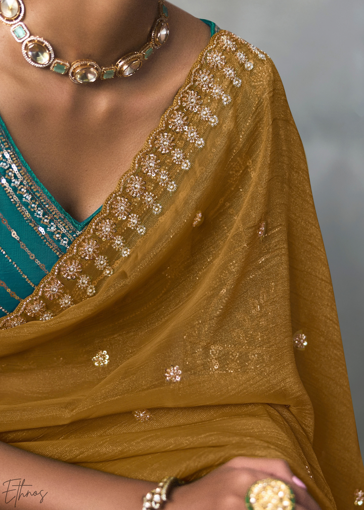Ochre Floral Scallop Beaded Border Silk Saree
