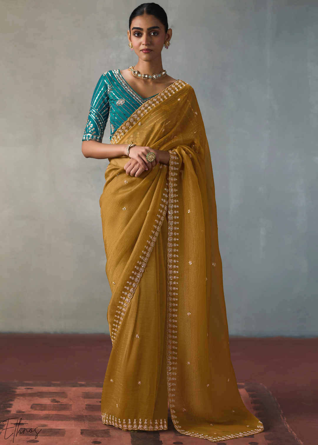 Ochre Floral Scallop Beaded Border Silk Saree