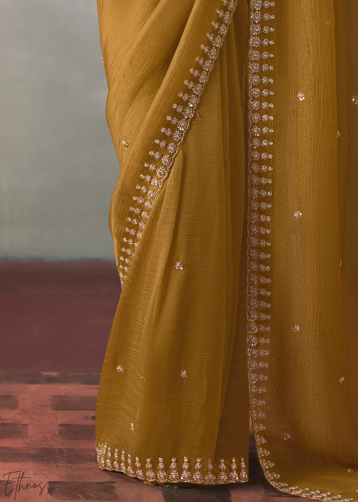 Ochre Floral Scallop Beaded Border Silk Saree
