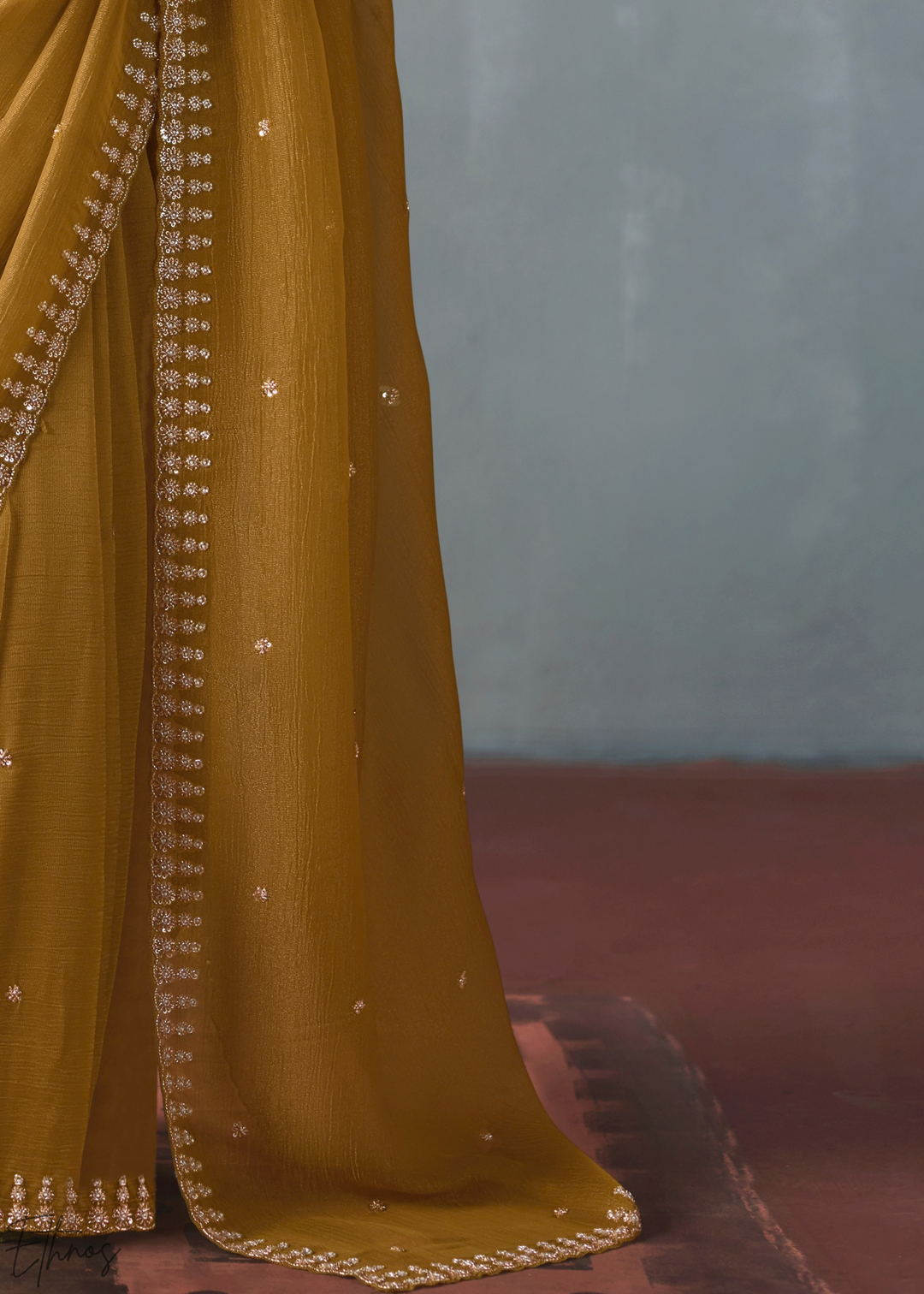 Ochre Floral Scallop Beaded Border Silk Saree