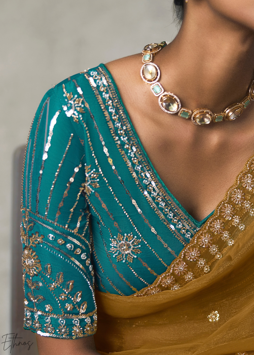 Ochre Floral Scallop Beaded Border Silk Saree
