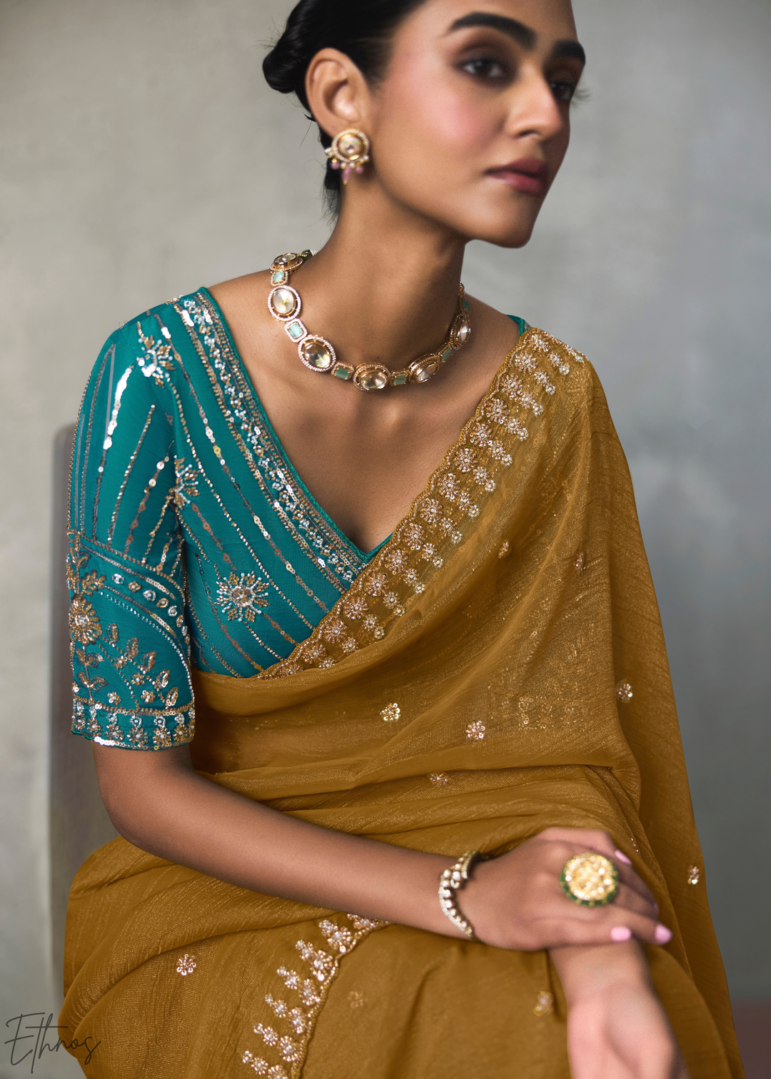 Ochre Floral Scallop Beaded Border Silk Saree