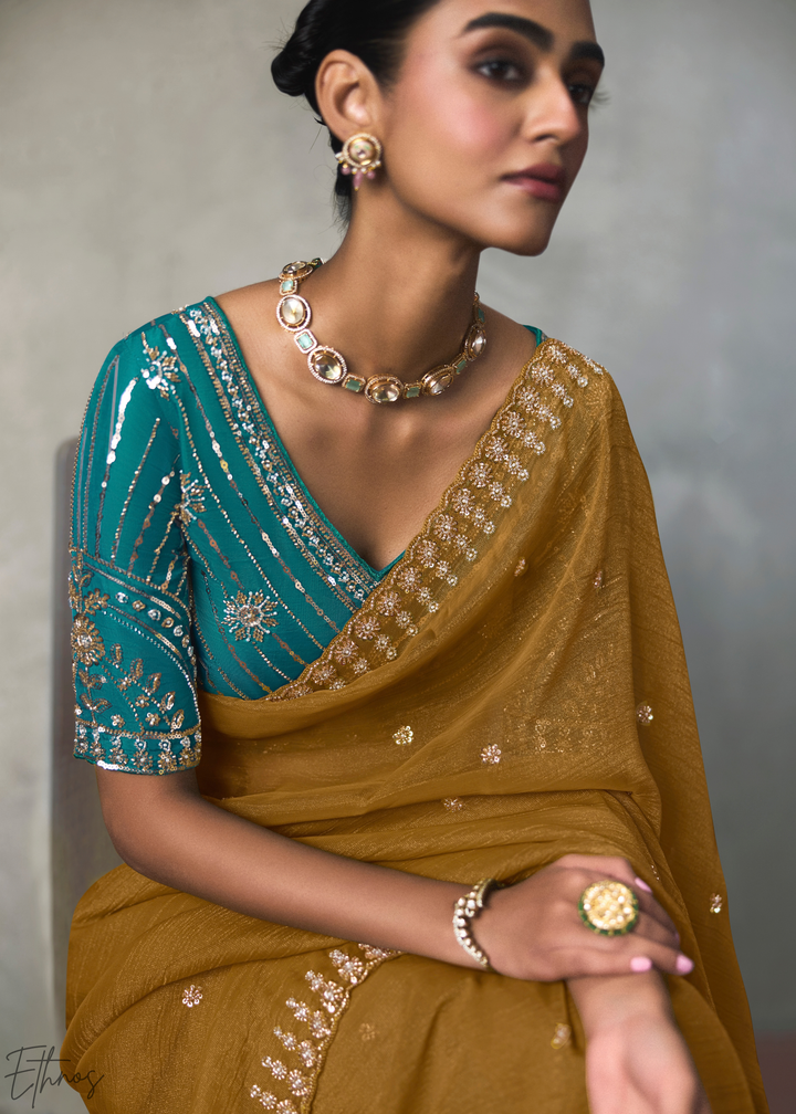 Ochre Floral Scallop Beaded Border Silk Saree