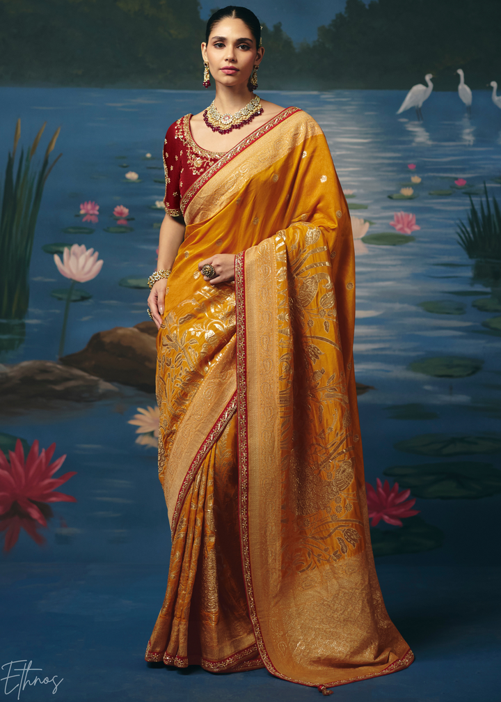 Ochre Traditional Zari Woven Border Dola Silk Saree
