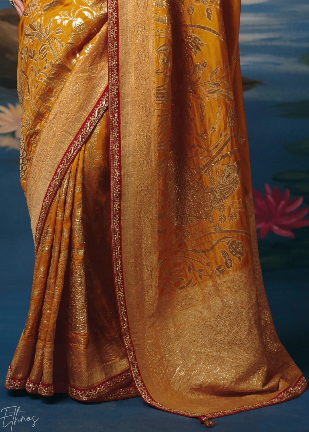 Ochre Traditional Zari Woven Border Dola Silk Saree