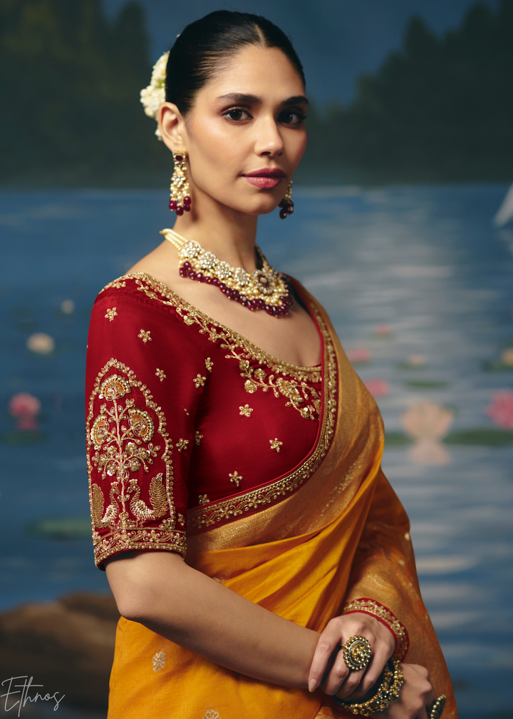 Ochre Traditional Zari Woven Border Dola Silk Saree