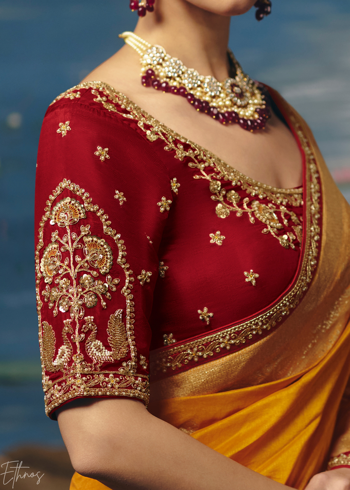 Ochre Traditional Zari Woven Border Dola Silk Saree