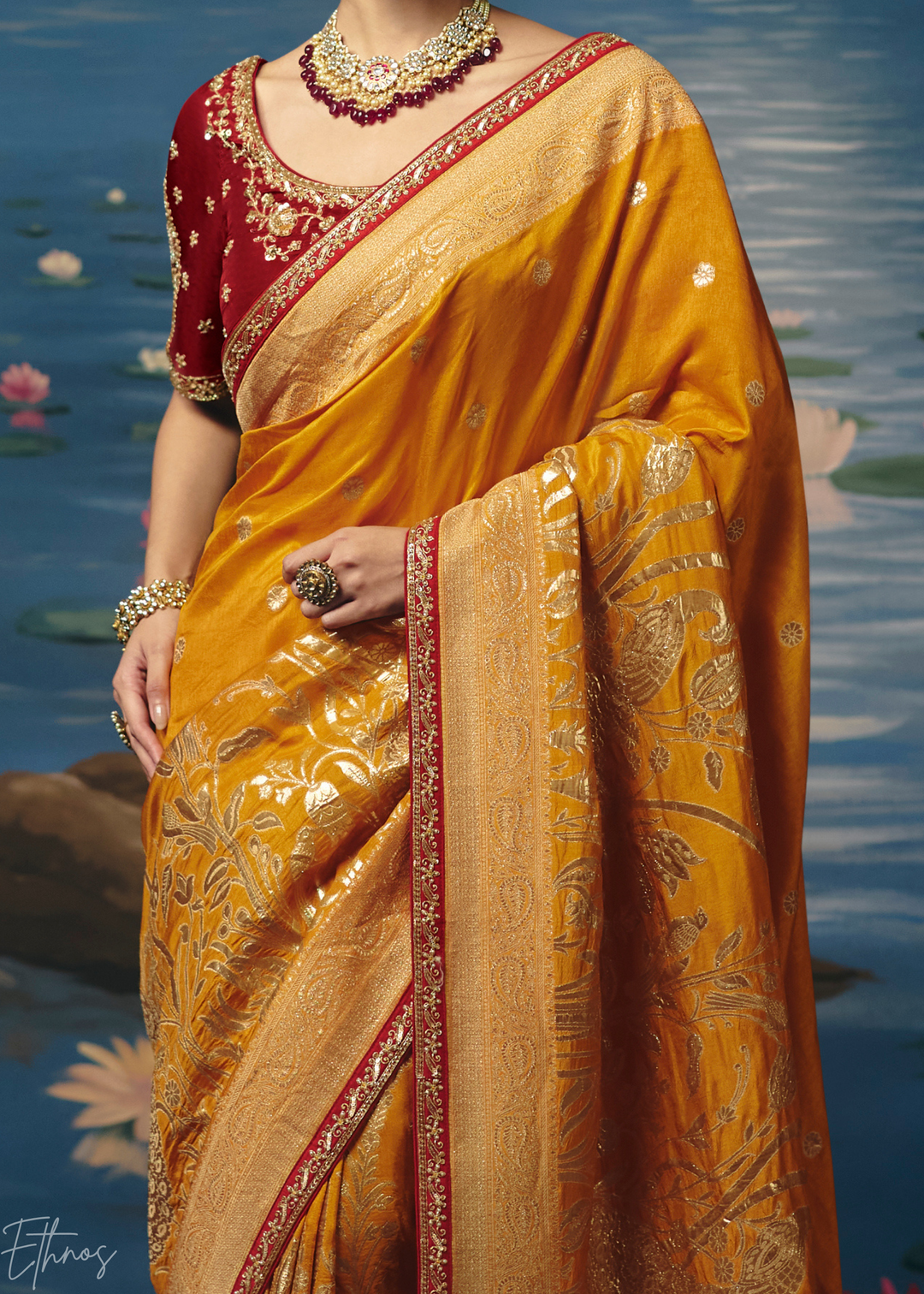 Ochre Traditional Zari Woven Border Dola Silk Saree