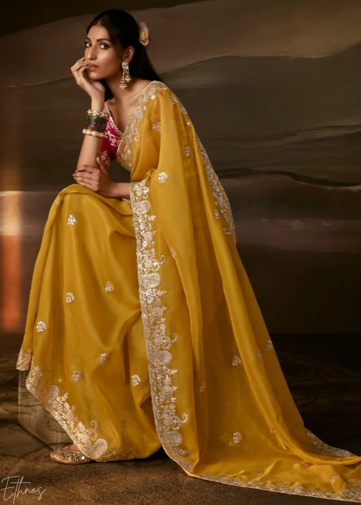 Ochre Gold Cutwork Scallop Border Organza Saree