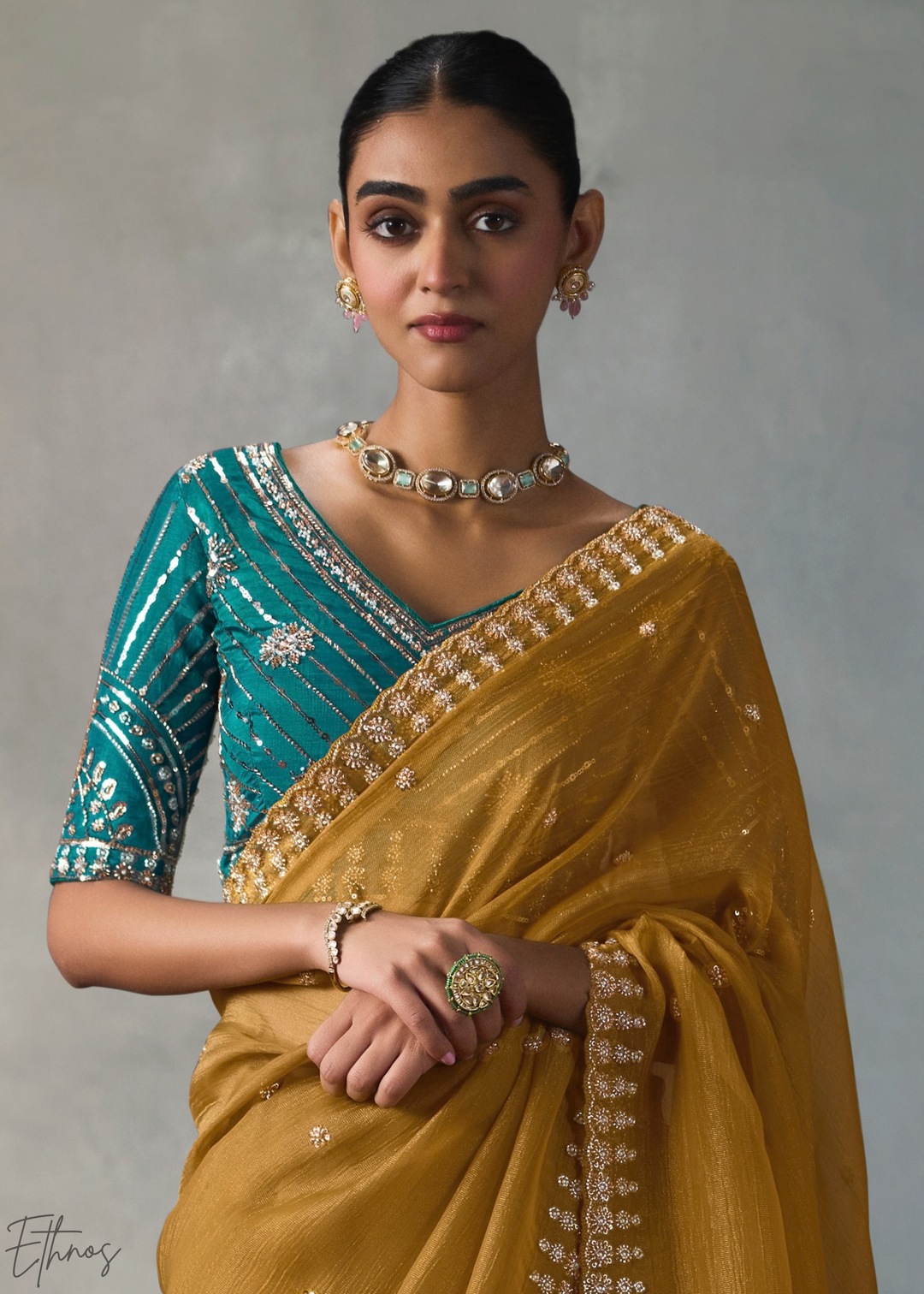 Ochre Floral Scallop Beaded Border Silk Saree