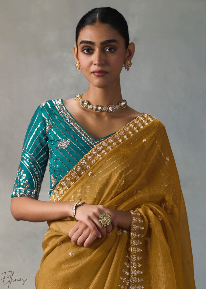 Ochre Floral Scallop Beaded Border Silk Saree