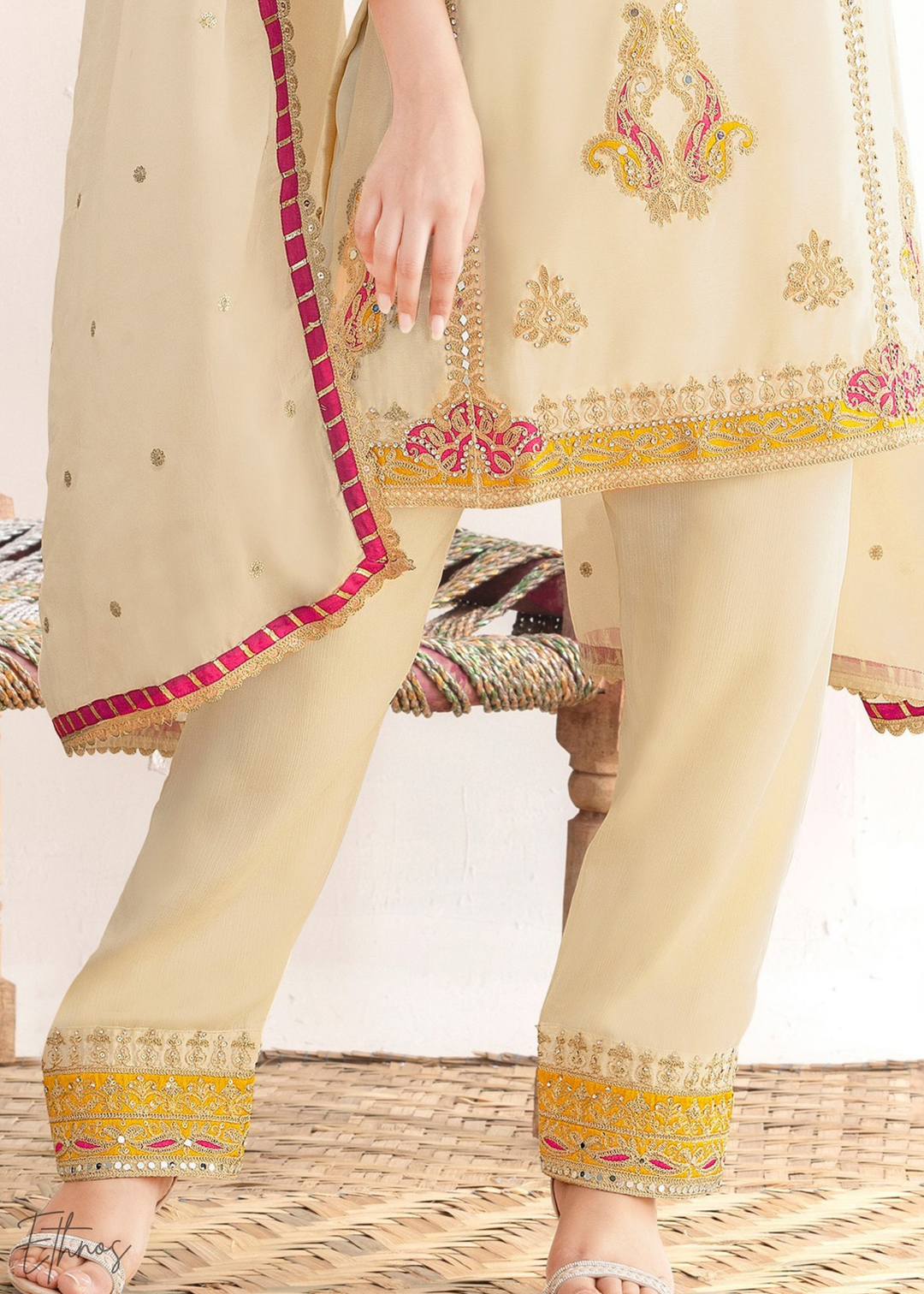 Cream Appliqué Chinon Palazzo Suit