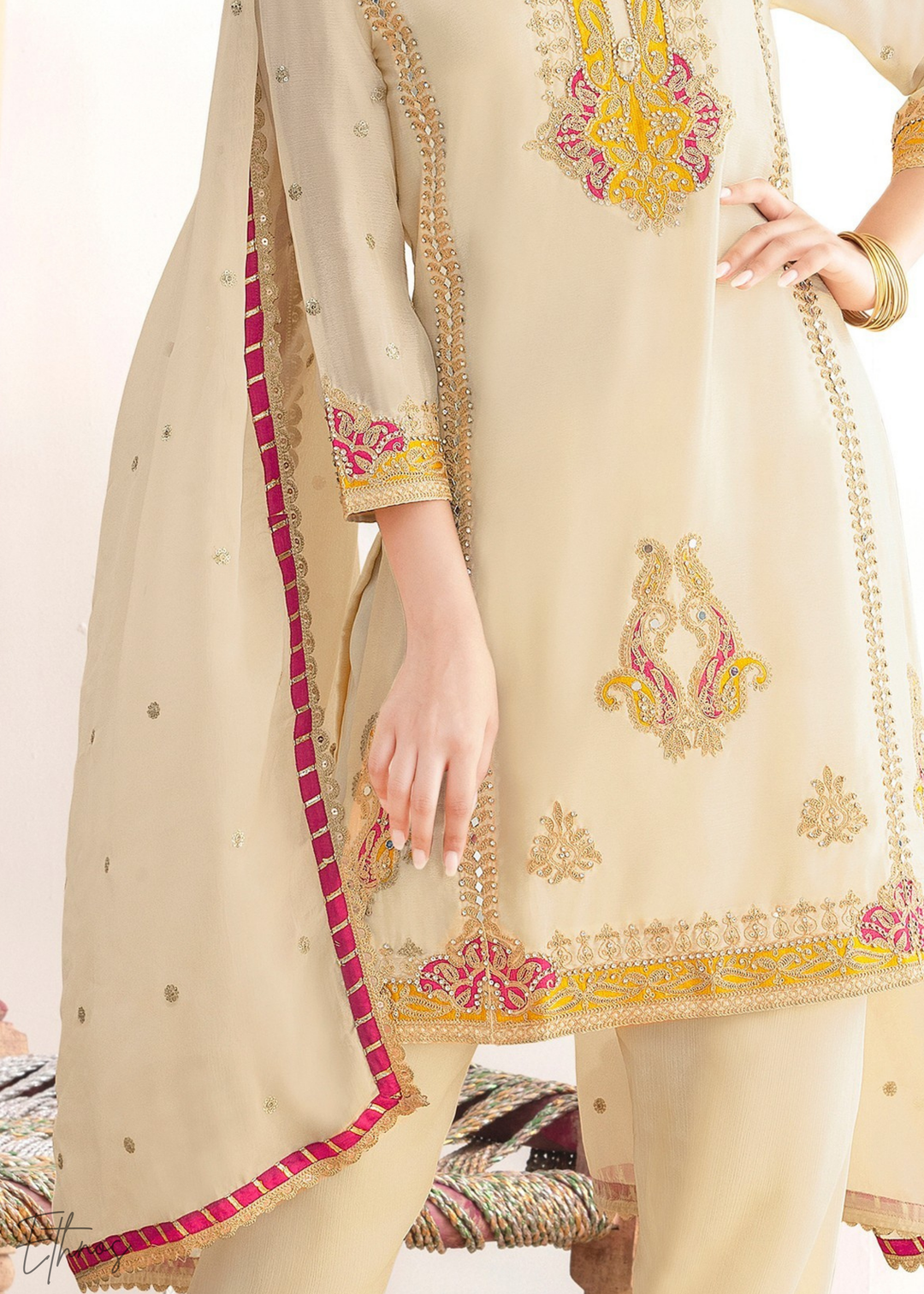 Cream Appliqué Chinon Palazzo Suit