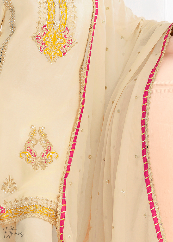 Cream Appliqué Chinon Palazzo Suit