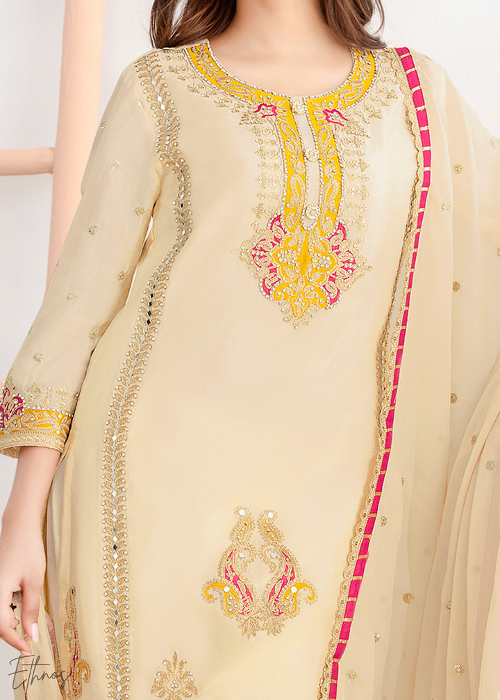 Cream Appliqué Chinon Palazzo Suit