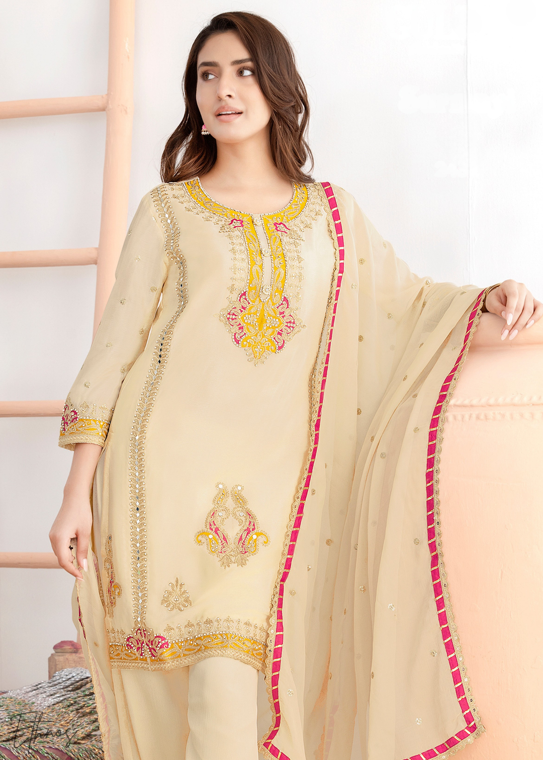 Cream Appliqué Chinon Palazzo Suit