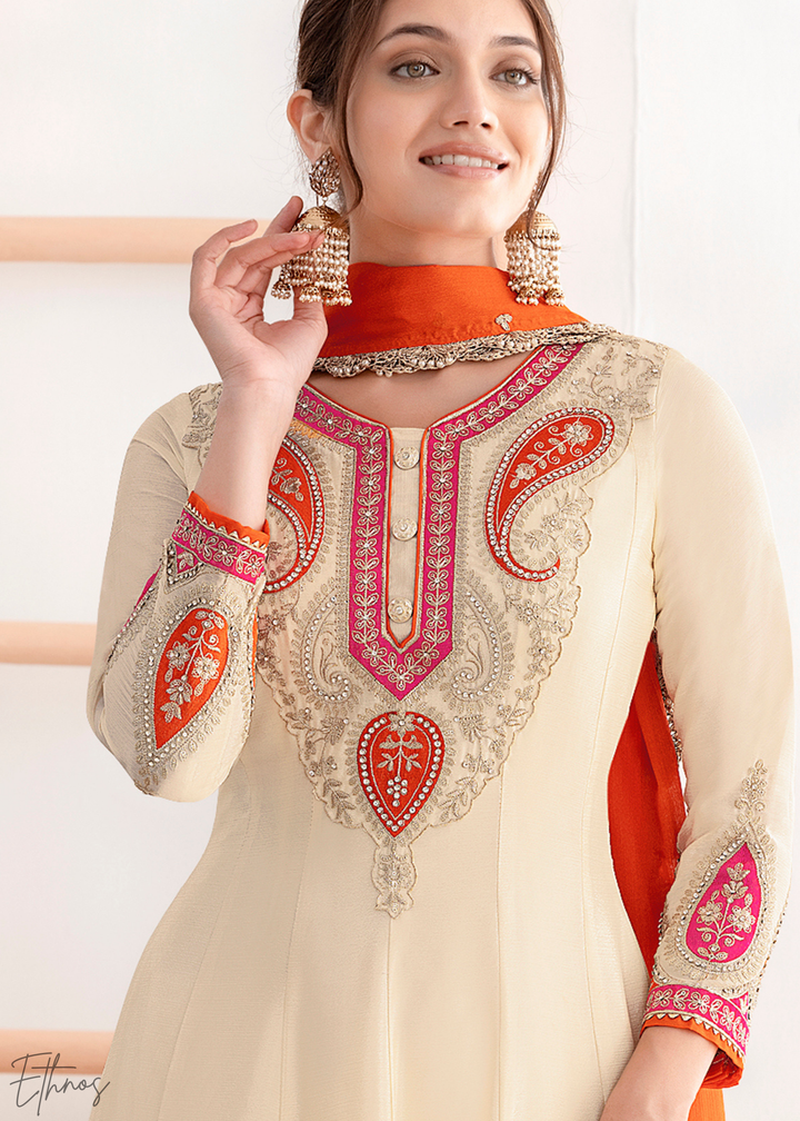 Off-White Appliqué Chinon Anarkali Sharara Suit