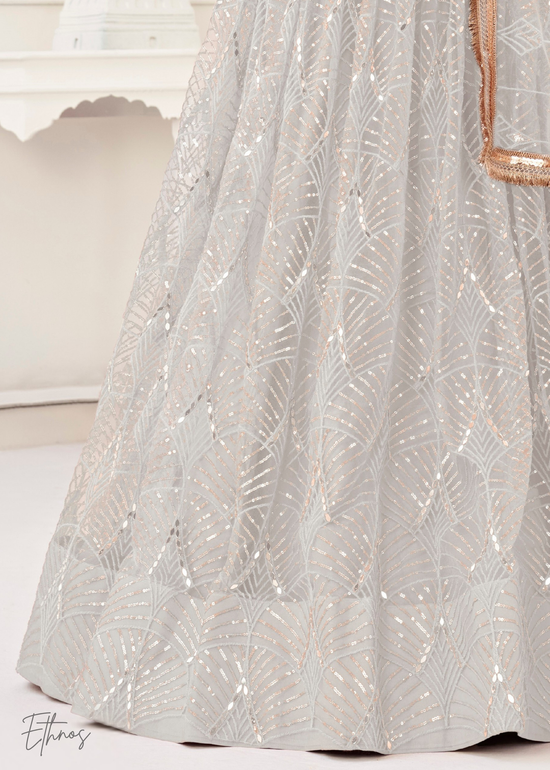 Off-White Chevron Tiers Net Lehenga