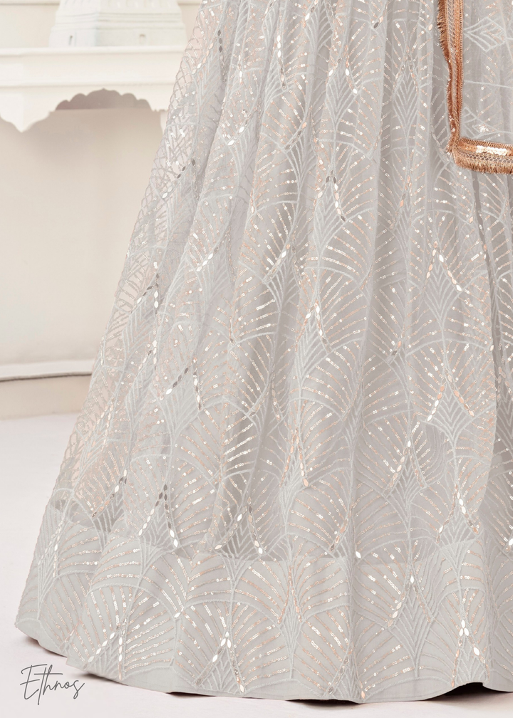 Off-White Chevron Tiers Net Lehenga