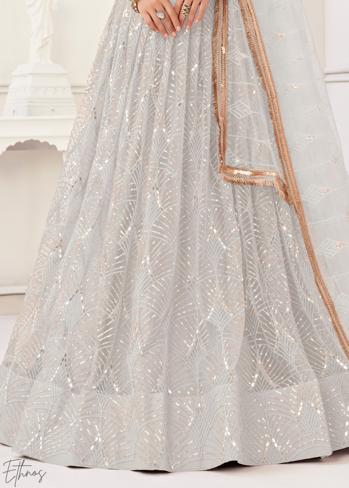 Off-White Chevron Tiers Net Lehenga