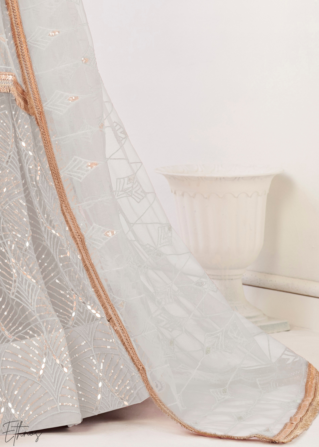 Off-White Chevron Tiers Net Lehenga
