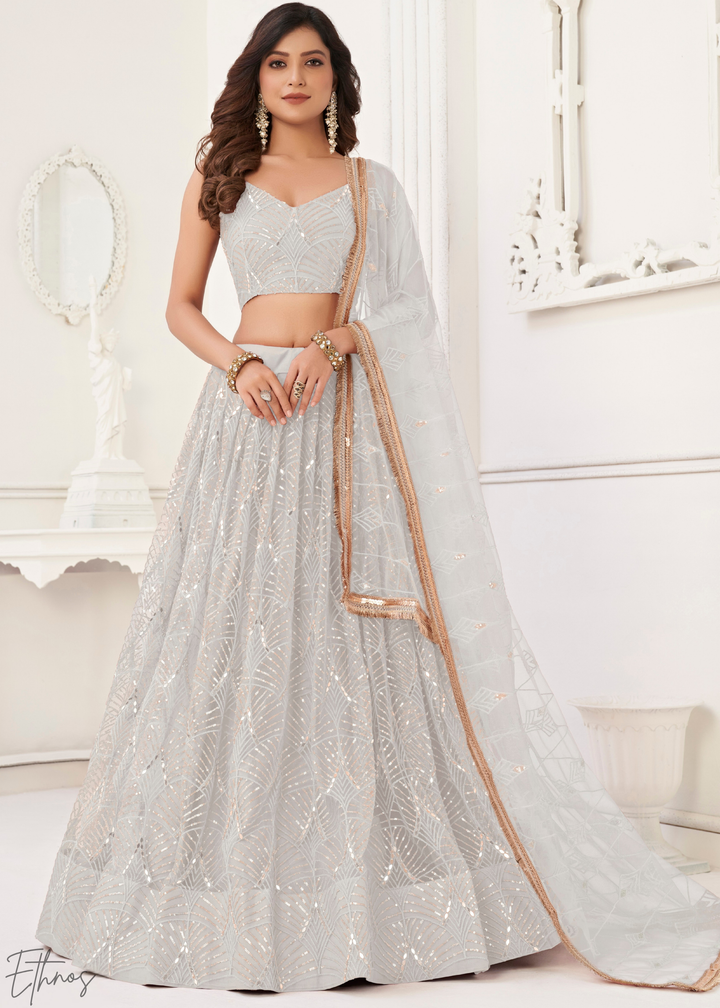 Off-White Chevron Tiers Net Lehenga