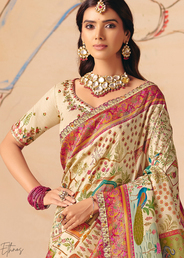 Off-White Kalamkari Dola Silk Saree