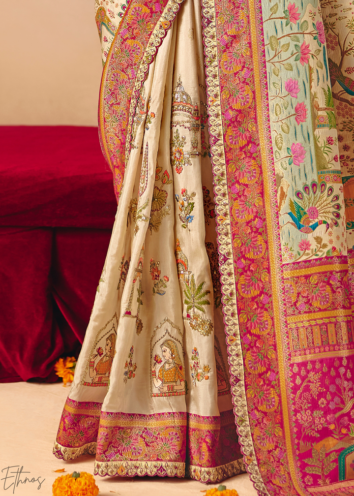 Off-White Kalamkari Dola Silk Saree