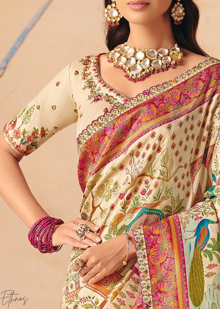 Off-White Kalamkari Dola Silk Saree
