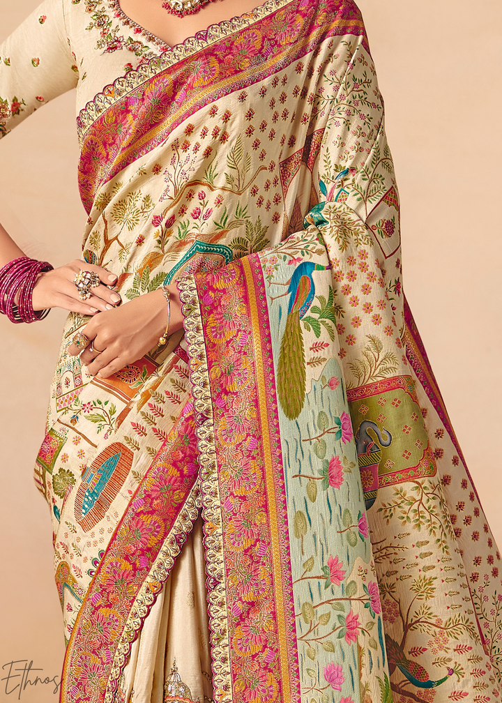 Off-White Kalamkari Dola Silk Saree