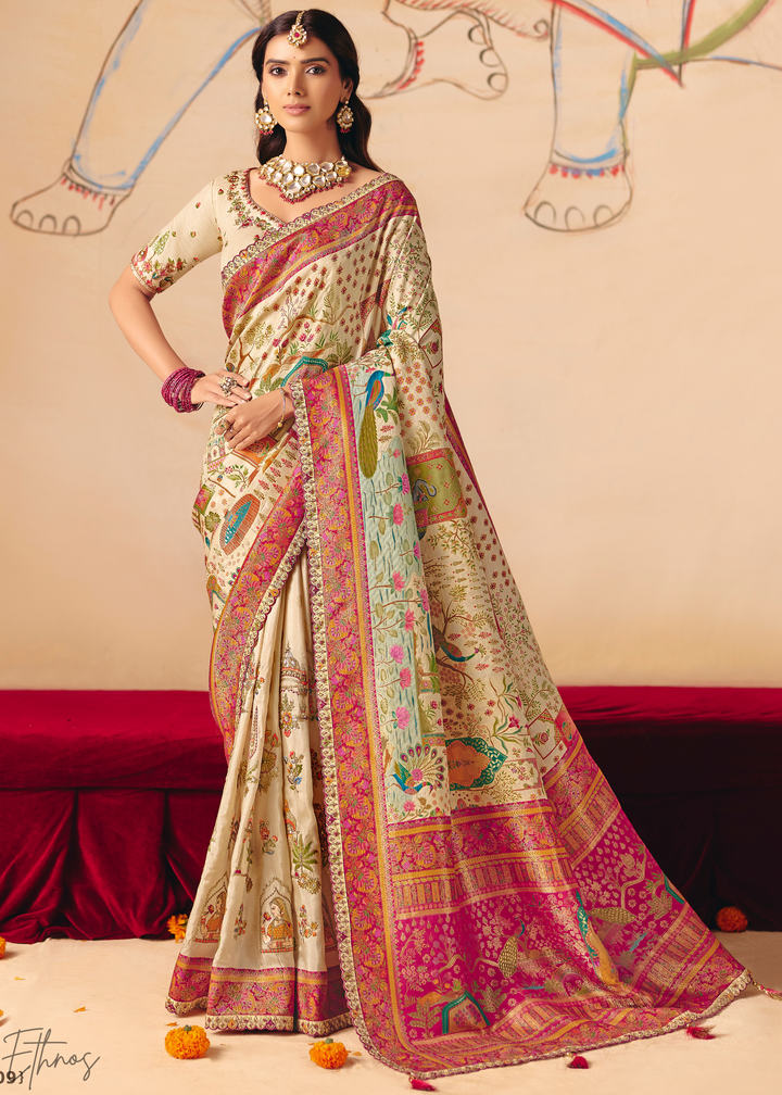 Off-White Kalamkari Dola Silk Saree