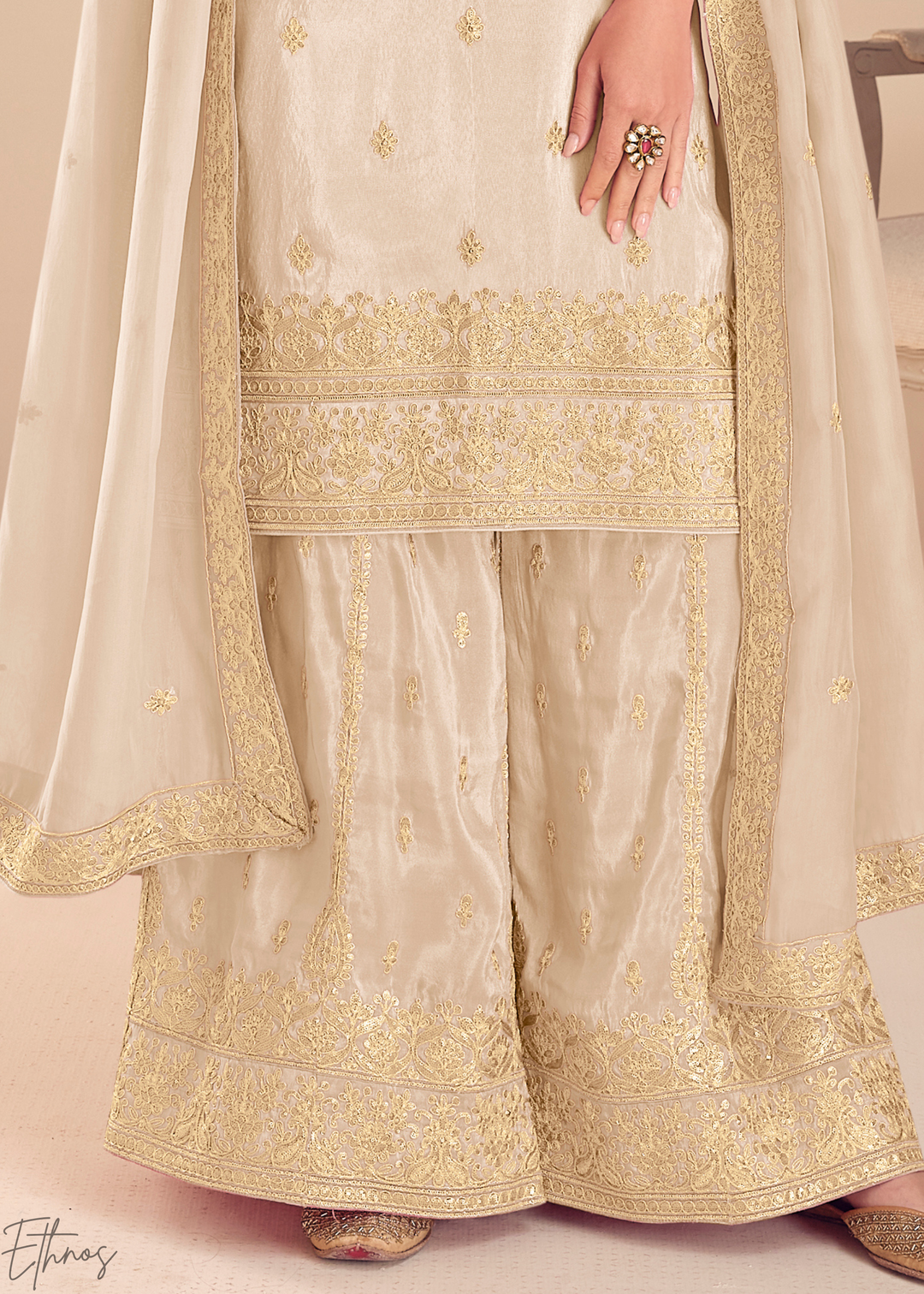 Cream Emboidered Shimmer Silk Sharara Suit