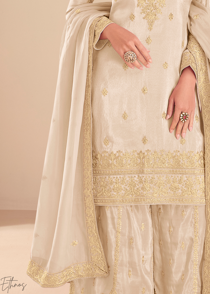 Cream Emboidered Shimmer Silk Sharara Suit