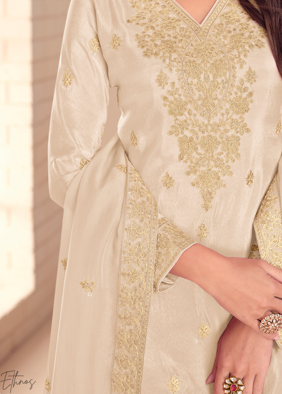 Cream Emboidered Shimmer Silk Sharara Suit