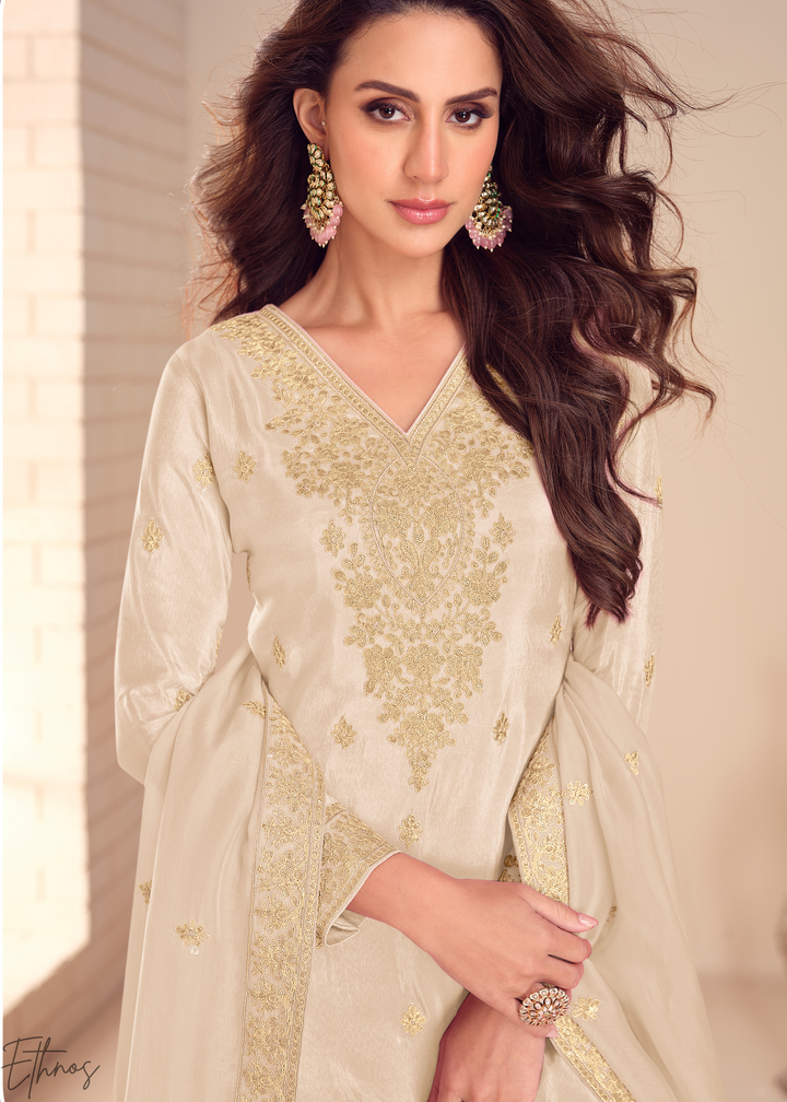 Cream Emboidered Shimmer Silk Sharara Suit