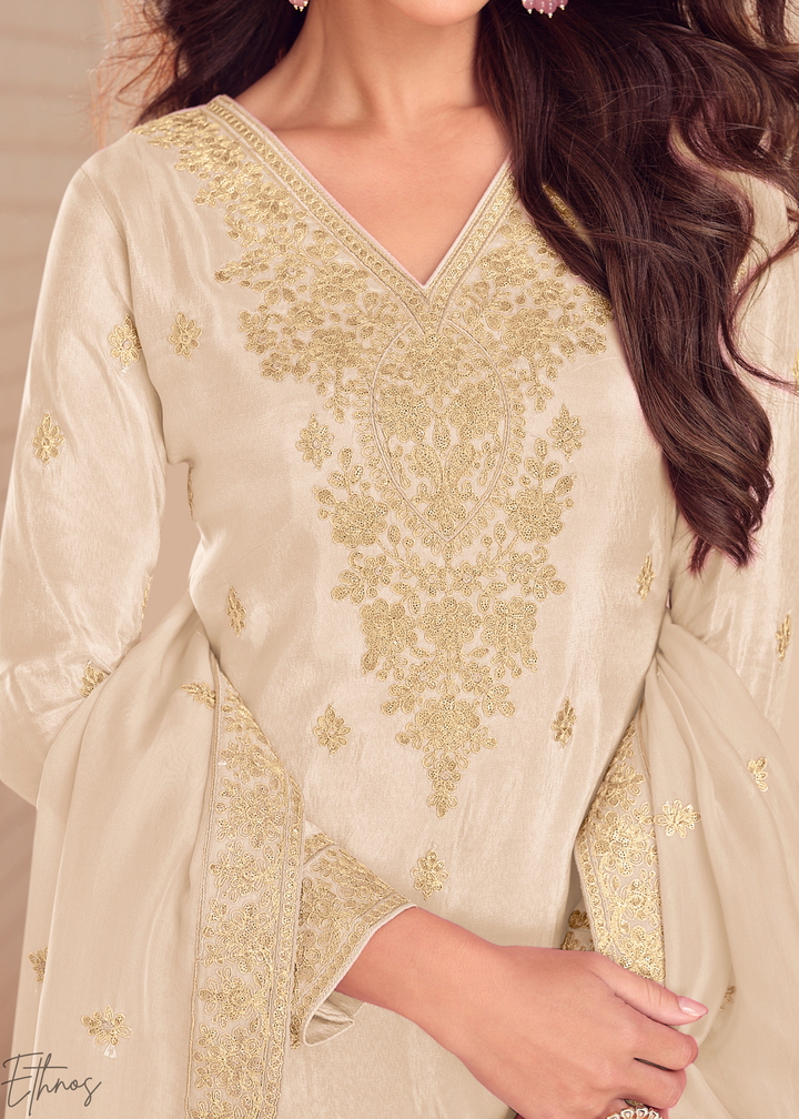 Cream Emboidered Shimmer Silk Sharara Suit