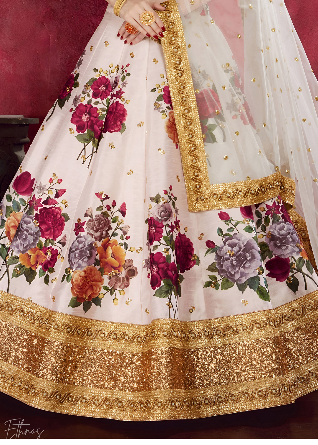 Off-White Zari Rose Silk Lehenga