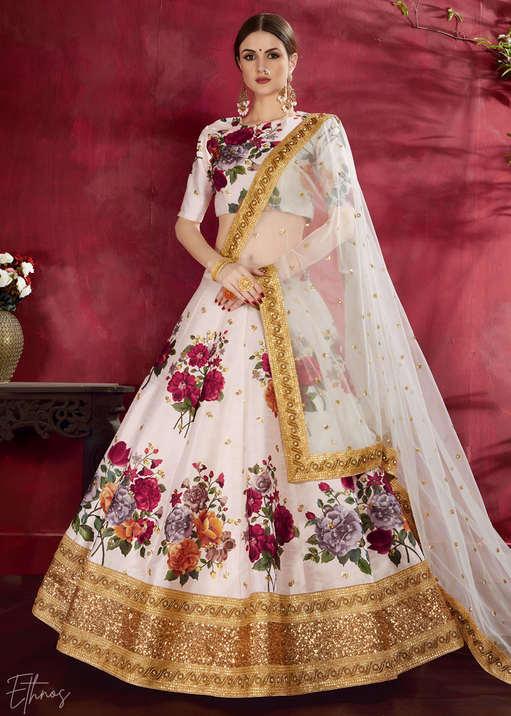 Off-White Zari Rose Silk Lehenga