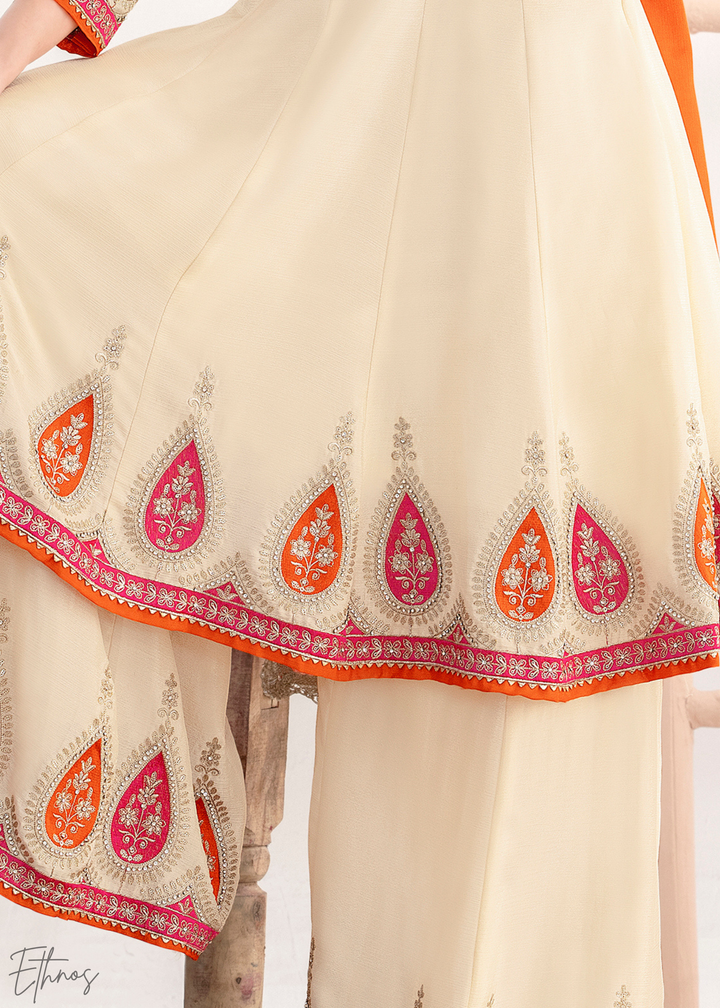 Off-White Appliqué Chinon Anarkali Sharara Suit