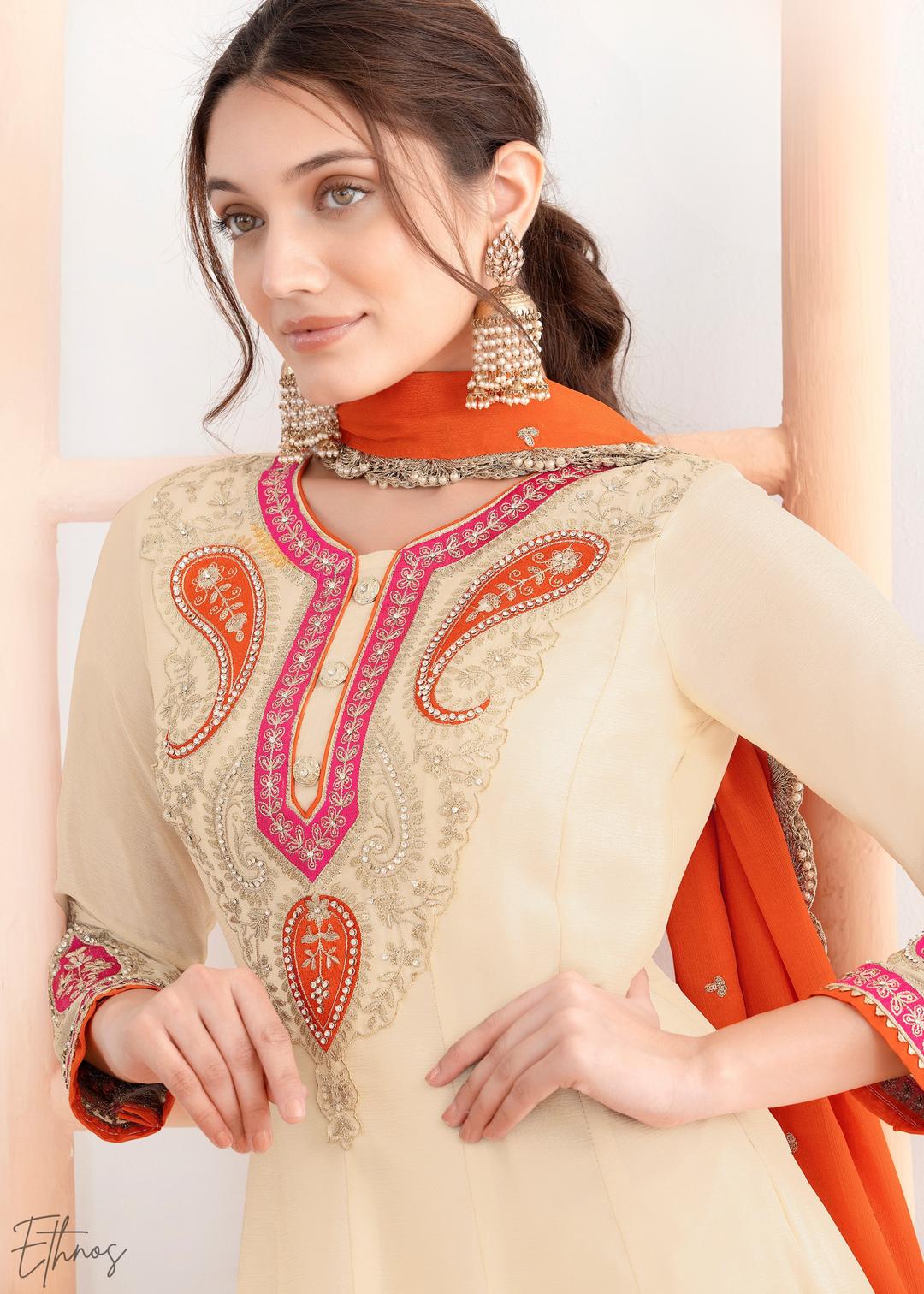 Off-White Appliqué Chinon Anarkali Sharara Suit