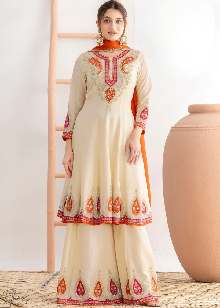 Off-White Appliqué Chinon Anarkali Sharara Suit