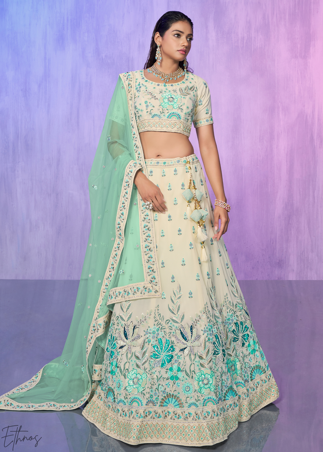 Off-White & Aqua Floral Embroidered Velvet Lehenga Choli Set