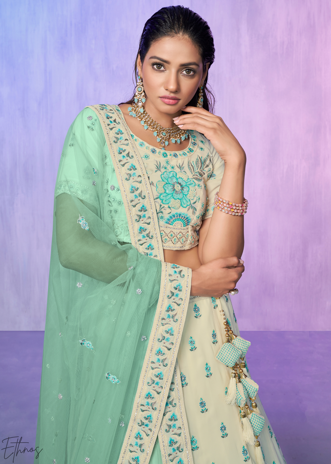 Off-White & Aqua Floral Embroidered Velvet Lehenga Choli Set