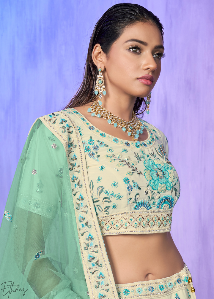 Off-White & Aqua Floral Embroidered Velvet Lehenga Choli Set
