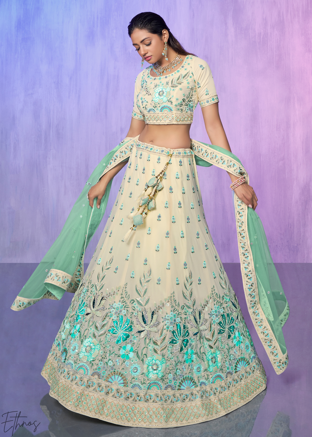 Off-White & Aqua Floral Embroidered Velvet Lehenga Choli Set