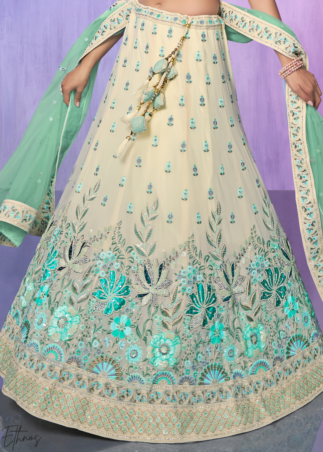 Off-White & Aqua Floral Embroidered Velvet Lehenga Choli Set