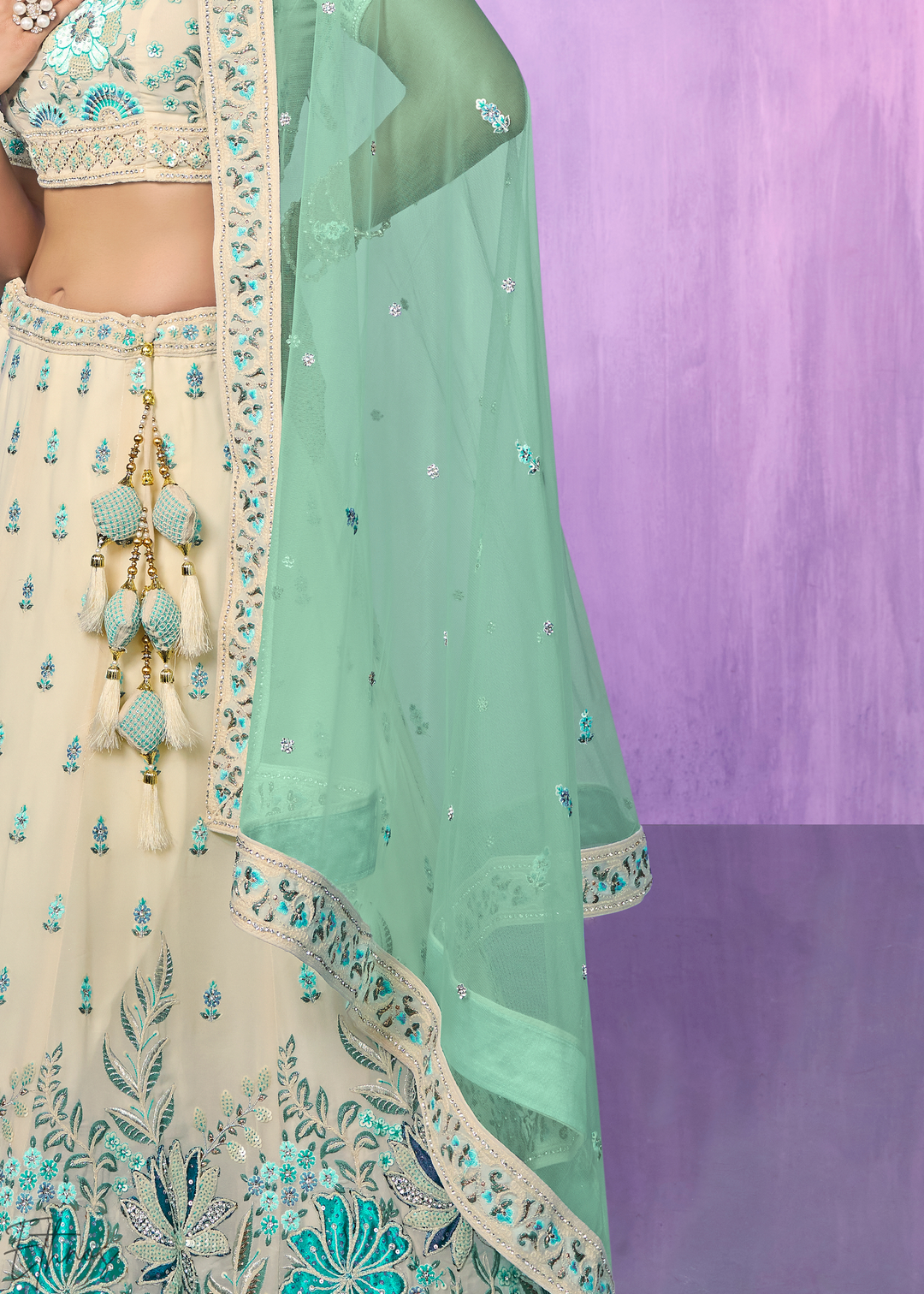 Off-White & Aqua Floral Embroidered Velvet Lehenga Choli Set
