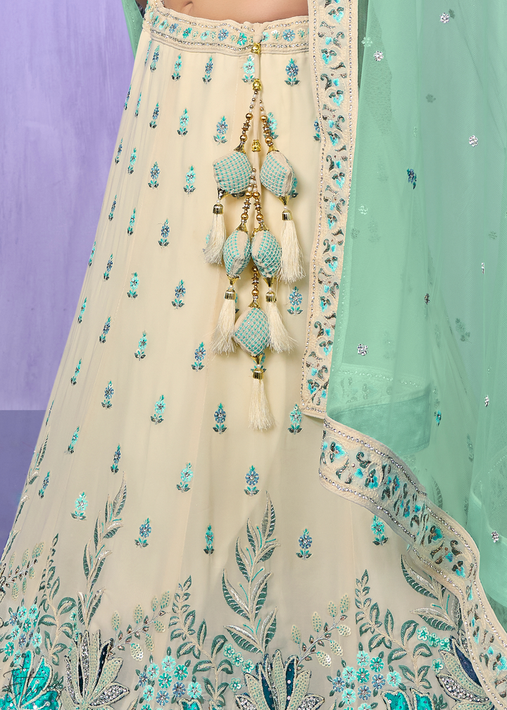 Off-White & Aqua Floral Embroidered Velvet Lehenga Choli Set