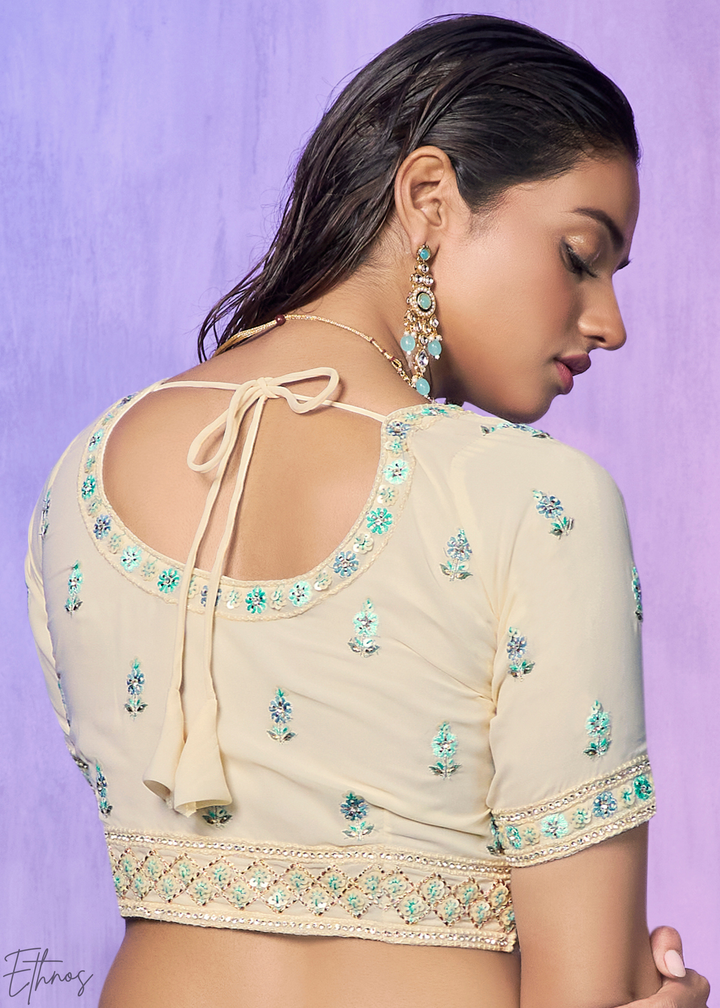 Off-White & Aqua Floral Embroidered Velvet Lehenga Choli Set